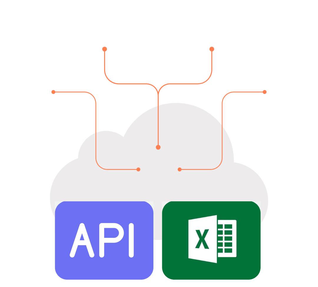  Illustration of a white cloud with a purple box labeled 'API' in front of it. Four globe icons, each representing the web, are connected to the cloud with orange lines, symbolizing API integrations or connections.