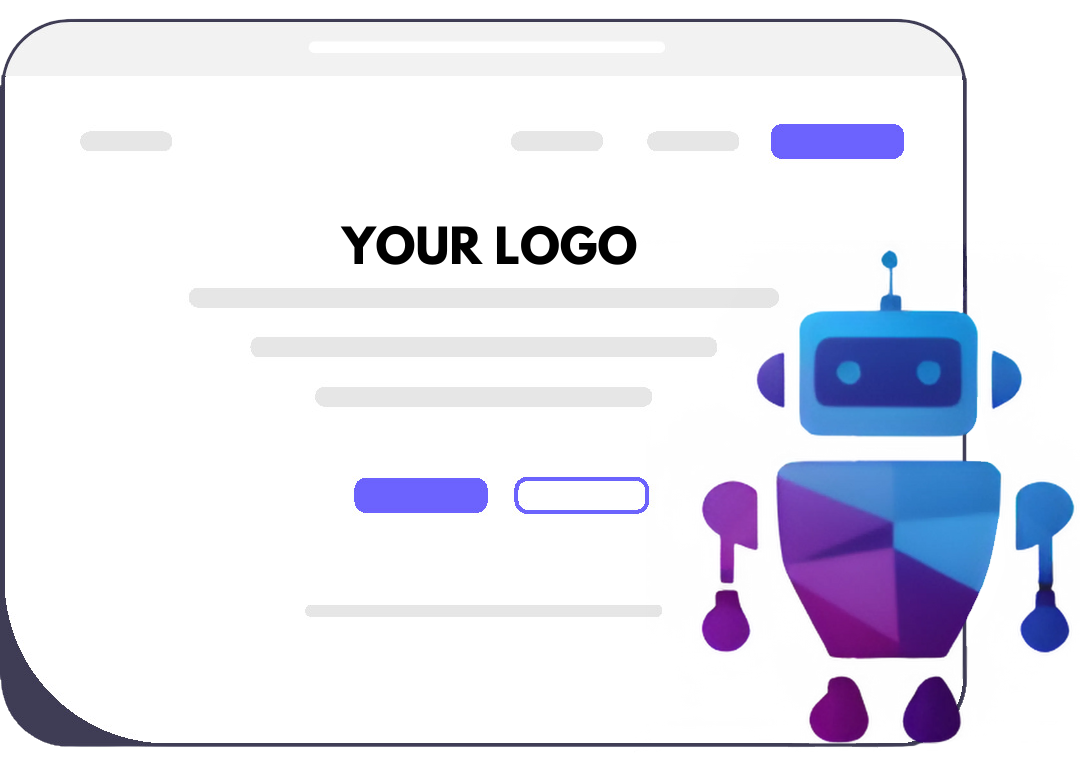 Illustration of a colorful robot with a geometric purple and blue design standing beside a white webpage template labeled 'YOUR LOGO', with text lines and interactive buttons, on a dark background.