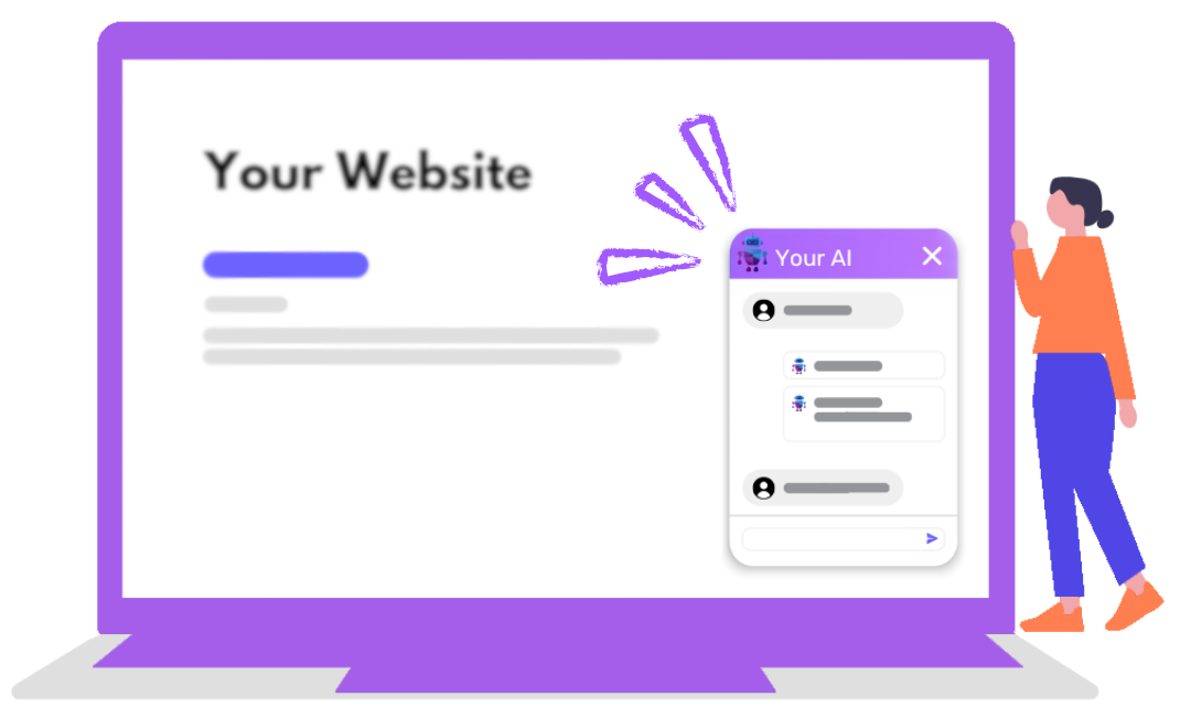 Illustration of a purple laptop screen displaying a website with a chatbot window labeled 'Your AI' popping up. A person wearing an orange shirt and blue pants stands next to the laptop, pointing towards the chatbot window.