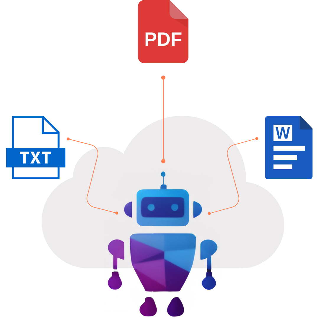 Illustration of a digital assistant surrounded by floating documents and knowledge icons, representing AI learning from a custom knowledge base.