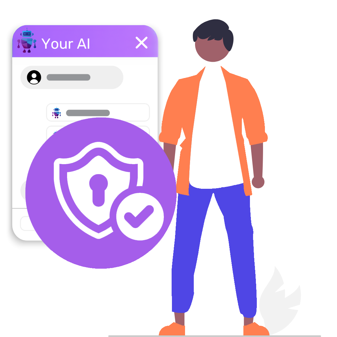 Illustration of a person standing confidently next to a large shield icon with a padlock and checkmark, representing security or protection. Behind them is a purple chatbot interface labeled 'Your AI' on a dark background.