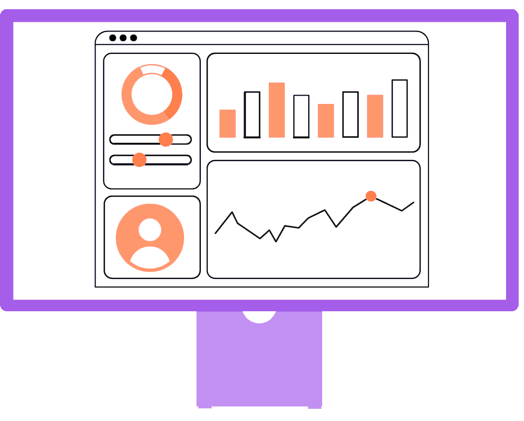 Illustration of a computer monitor displaying a dashboard with charts, graphs, and user profile elements in orange and black, representing data analytics or statistics visualization.