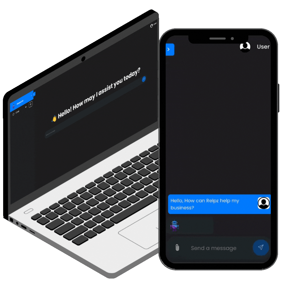 Notebook with a static screen displaying the AI chat, and a smartphone next to it showing a GIF demonstrating its usage.